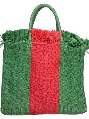 GUCCI Hand Bag Straw Green Red 524810 Auth